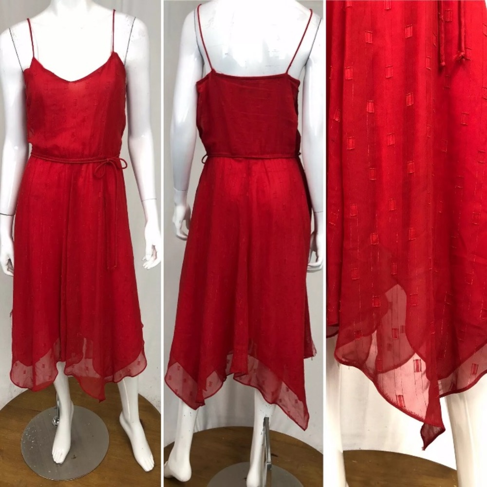 Vintage Niki Red Fit & Flare Medium Hankerchief Hem Strappy Choffon USA Dress